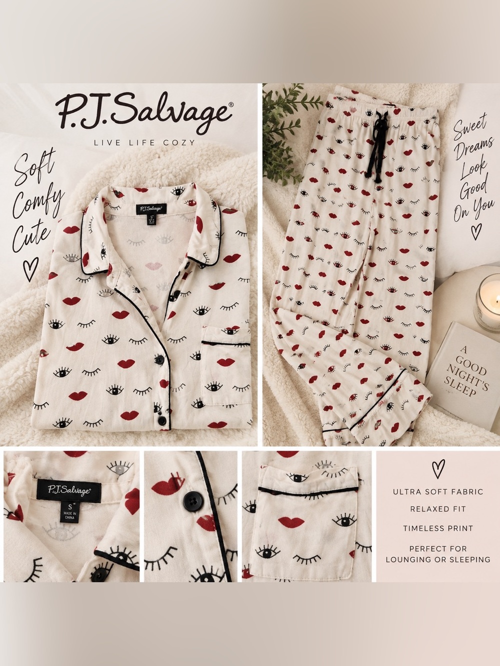 PJ Salvage White Button-Front Top with Red Lip & Black Eye Print
